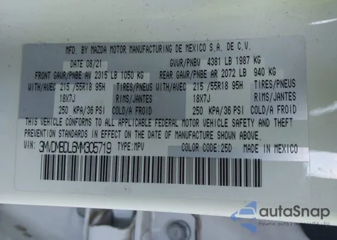 2021 Mazda Cx-30 Premium z USA, uszkodzony, nr VIN 3MVDMBDL6MM305719